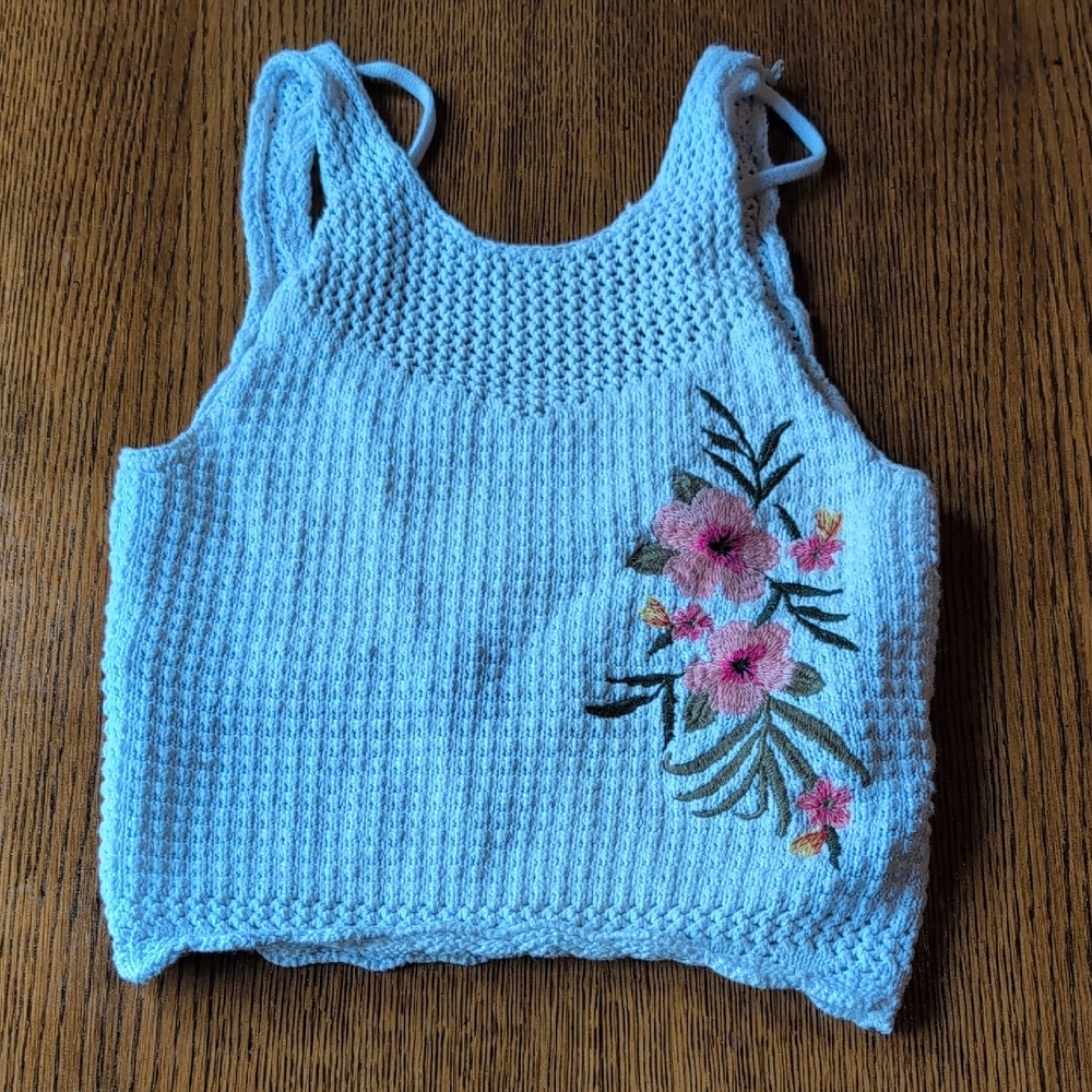 Blue Knit Tank Top with Floral Embroidery
